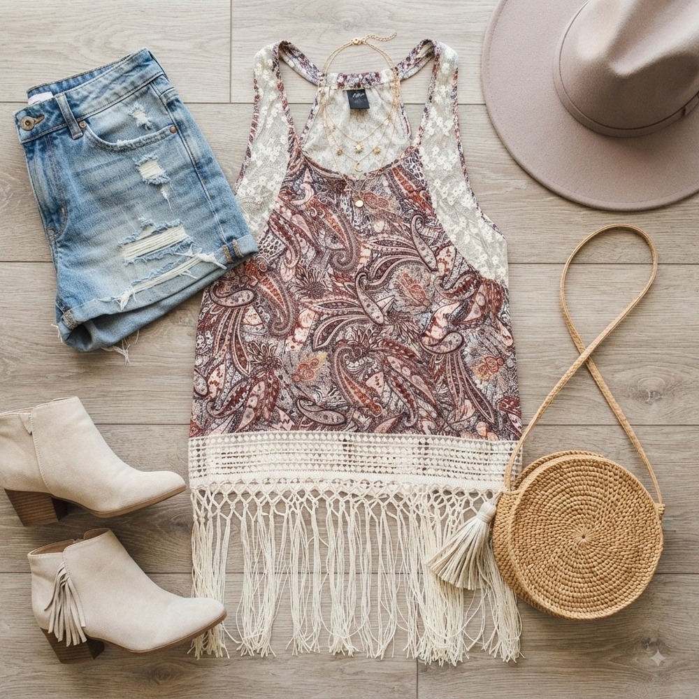 Daytrip Womens Paisley Lace Fringe Tank Top Boho Racerback Brown Cream Medium